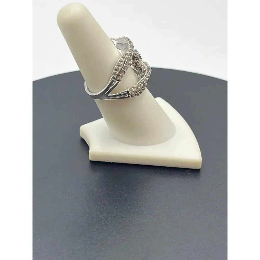 JWBR Sterling Silver White Sapphire Crossover Ring Sz‎ 7.25  Pave Setting 6.6g